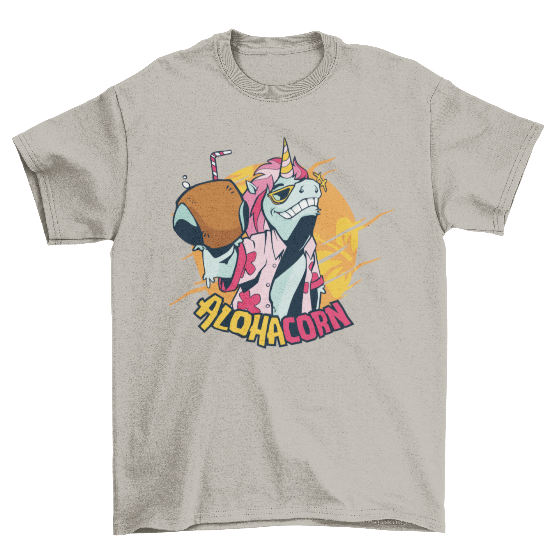 A colorful T-shirt featuring a Hawaiian unicorn design with the text 'ALOHACORN'.